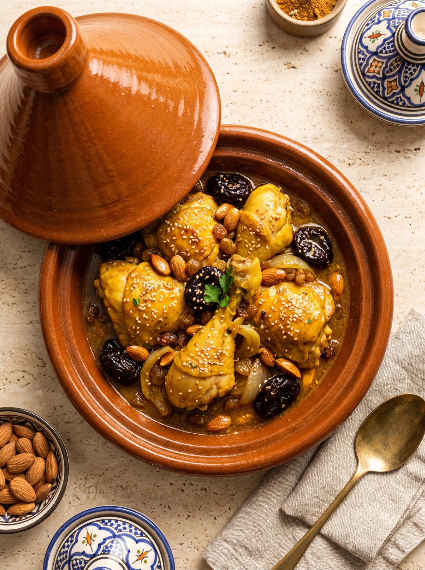 Tajine de poulet aux pruneaux, amandes et raisins