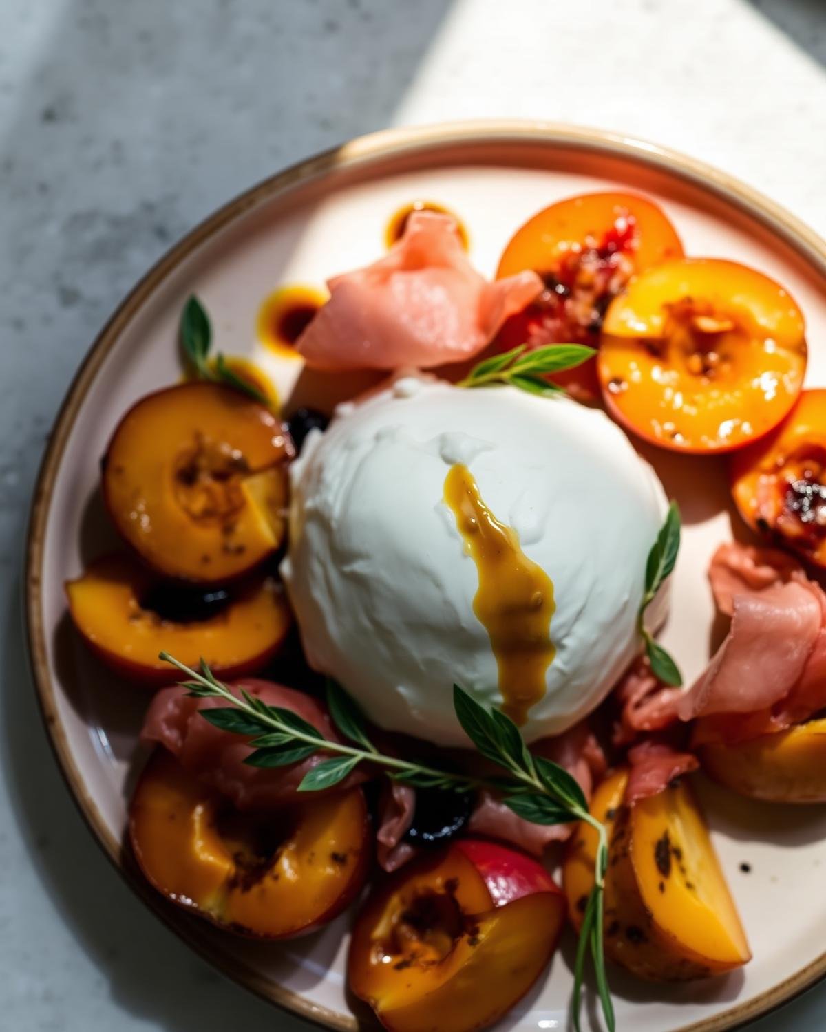 Burrata, nectarines rôties et jambon de Parme