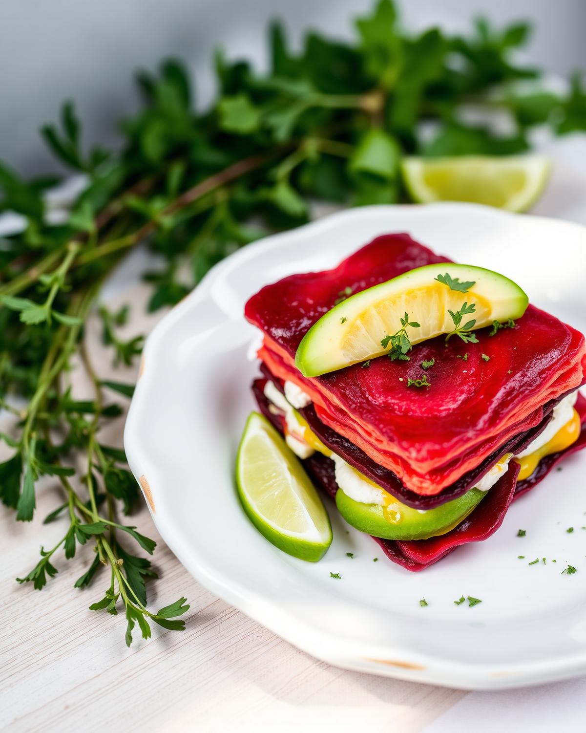 Millefeuille de betterave, crème de chèvre et avocat