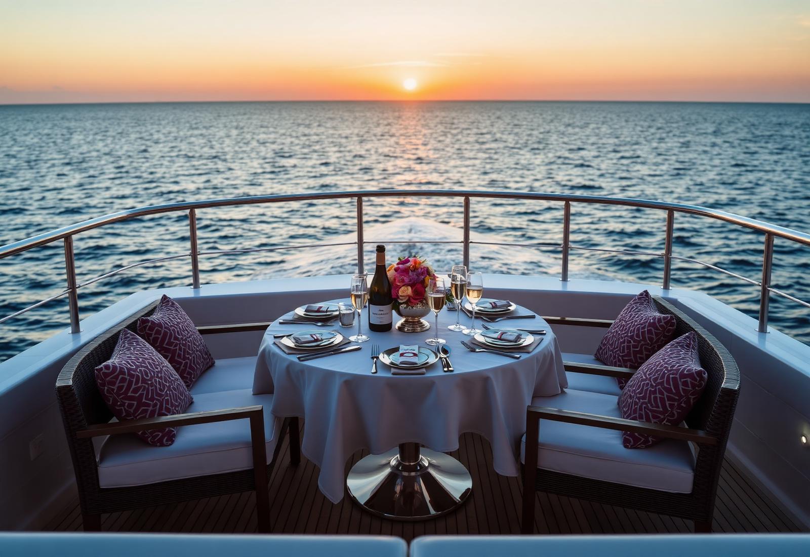 Dîner sur un yacht au coucher du soleil